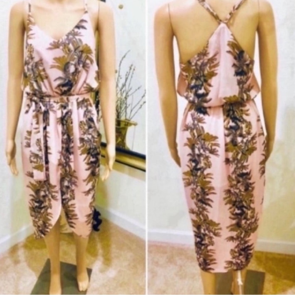 Etiquette palm leaf print rose blush midi dress S.